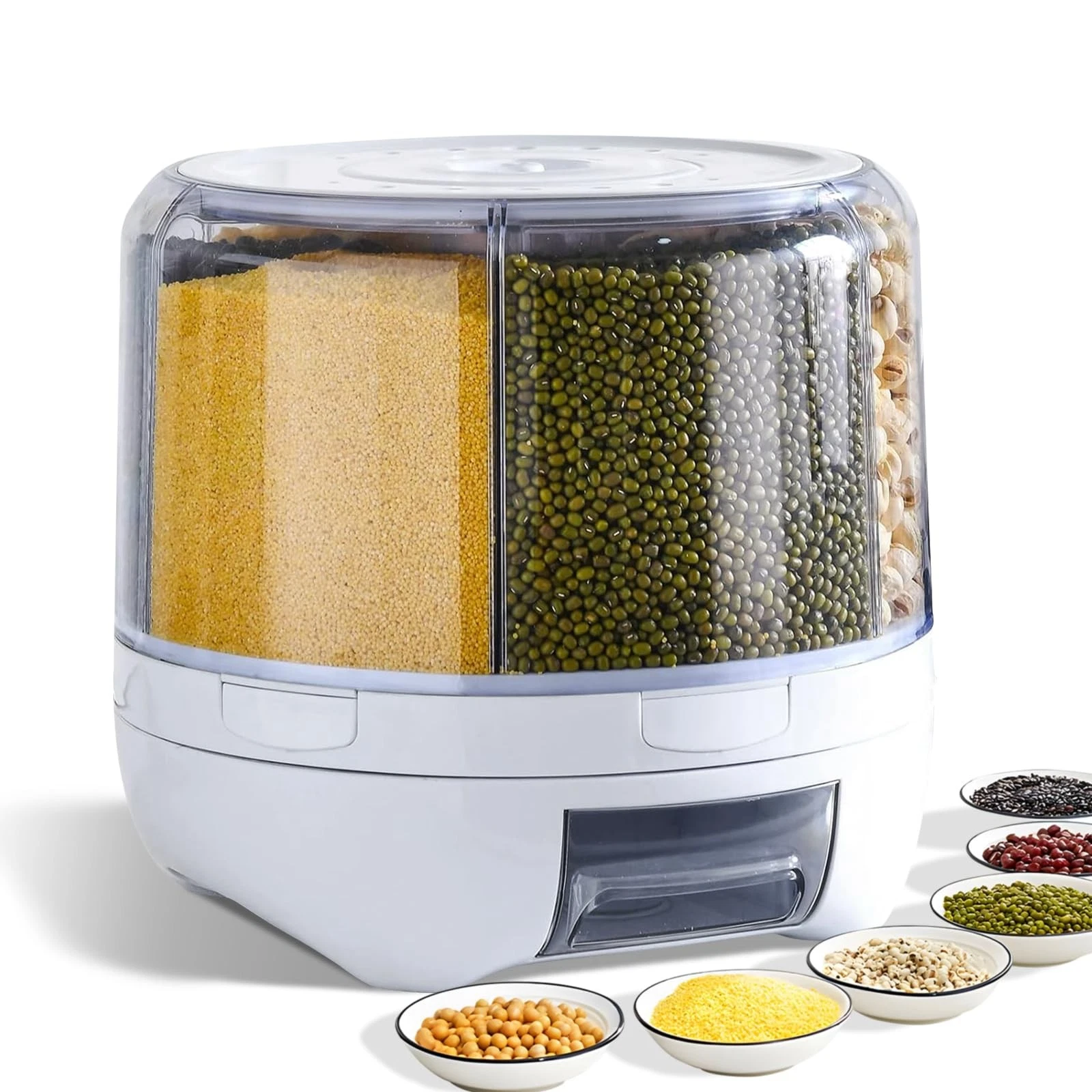 Grain Dispenser, 360° Rotating Storage Container, 6 Grid Food Dispenser with ...