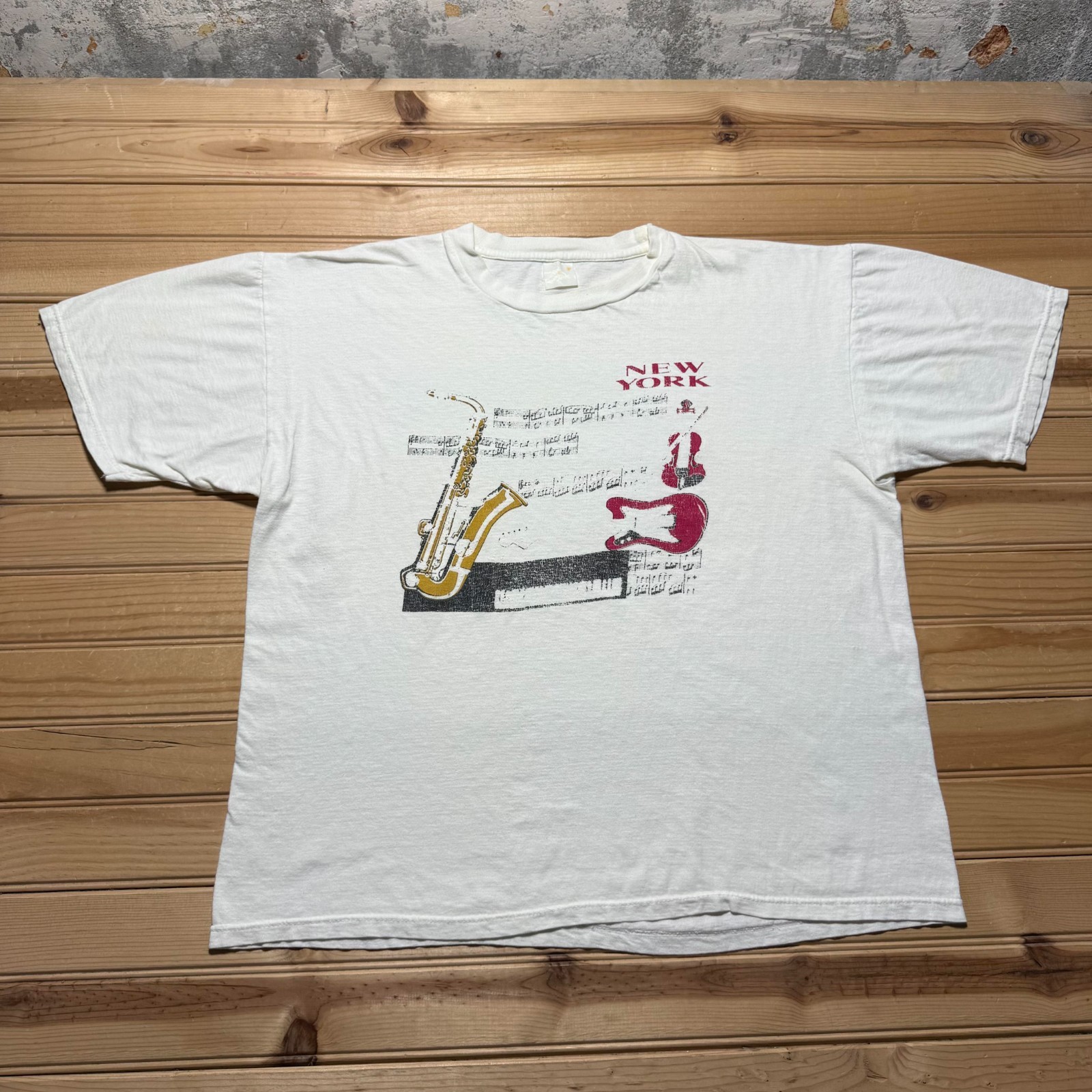 Vintage 90s New York Jazz Music Instruments Notes Graphic Souvenir T-Shirt - XL