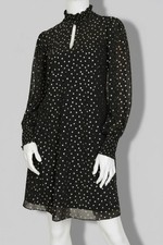 Tommy Hilfiger Women's Black Chiffon Foil-Dot Smocked Mock Neck Dress Size 14