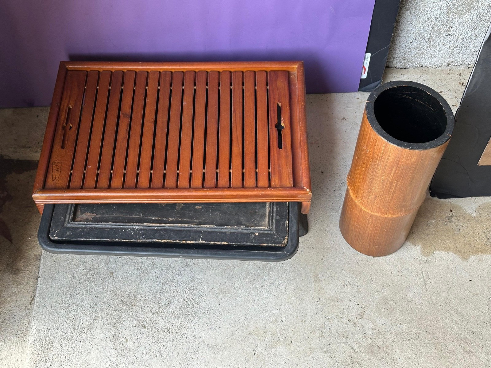Vintage Chinese-Style Bamboo Gongfu Tea Tray & Brush Pot Holder Set