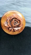 Hand Carved Plastic Rose Flower 2 inch Wood Base Pin Unique Vintage Arts & Craft