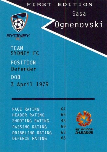 2014 2015 SYDNEY FC A-League Card SASA OGNENOVSKI 1st Edition - Picture 2 of 3