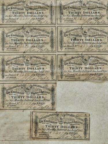 1864 $1000 Confederate States of America War Bonds With ALL COUPONS EXCEPT ONE! - Picture 11 of 18