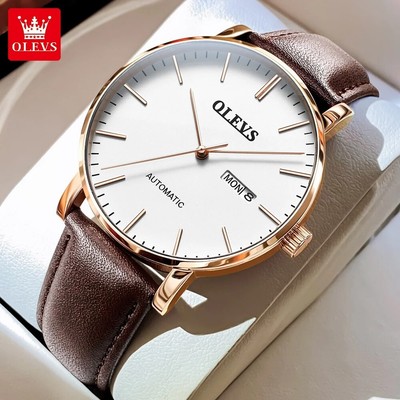 Automatic Mechanical Waterproof Watch OLEVS Luxury Men's Men Date Leather Strap