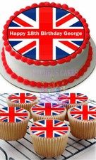 UNION JACK FLAG PERSONALISED EDIBLE ICING BIRTHDAY CAKE TOPPER AND 8 CUPCAKES