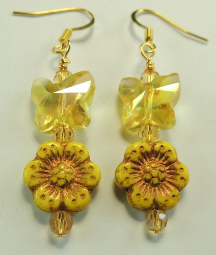Yellow Czech Etched Flower Earrings with Butterflies & Crystal Handmade Earrings