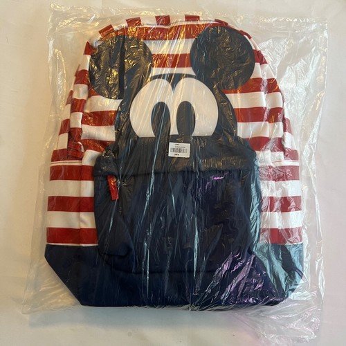 Disney Americana Mickey Mouse Red White Blue Striped Classic Backpack Y2020 NEW - Picture 2 of 6