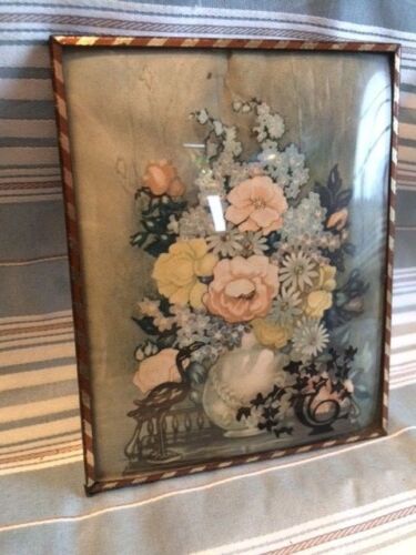 Glass Convex Silhouette Floral Hidden Bird Framed Picture Vintage - Picture 3 of 7