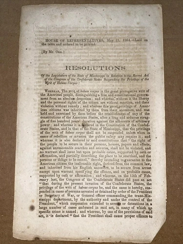 1864 Confederate Suspending Writ Habeas Corpus Mississippi Imprint
