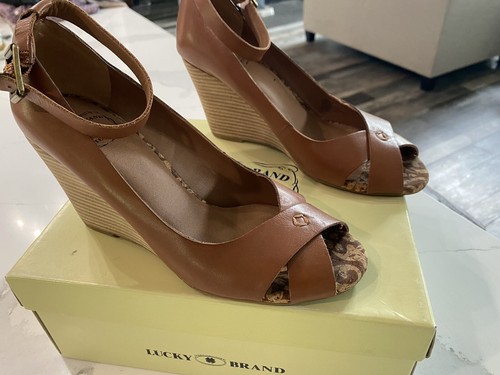 Zapatos de cuña Lucky Brand para mujer talla 7,5 marrón Vachetta cuero camel Boho Gable