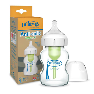 Natural Flow Anti-Colic Options+ Wide-Neck Glass Baby Bottle 5 Oz/150 Ml, with L