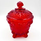 Jeanette Grapevine Lidded Compote Candy Dish 6" Red Glass Footed USA Vintage