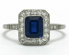Vintage Style Art Deco 3.10 Ct Emerald Cut Blue Sapphire Engagement Antique Ring