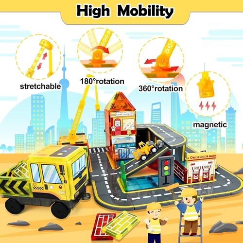 60-Piece Magnetic Tiles Road Set with Cranes - Creative STEM Toys for Kids - Picture 8 of 11