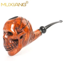 MUXIANG Handmade Briar Wooden Tobacco Pipe Rustic Carved Skull Pipe Ebonite Stem