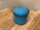 Dithridge & Co Vintage Blue Milk Glass Painted Vanity Dresser Jar Lid