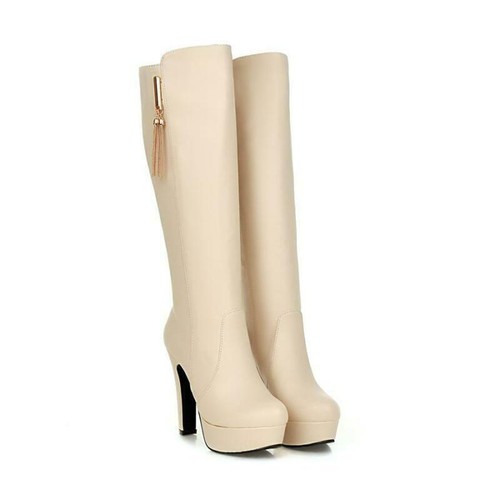 Women's Side Zip High Chunky Heel Platform Knee High Boots Party Tassels Shoes - Picture 8 of 18