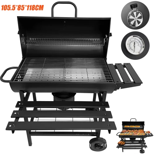 Grillwagen Holzkohlegrill Mit Deckel Temperaturanzeige Holz-Ablagen Gartengrill