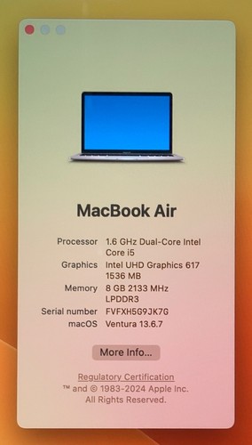 Apple A1932 MacBook Air, 13.3”, i5 1.6GHz, 8GB RAM, 256GB SSD, 13.6.7 - Gold - Afbeelding 13 van 13