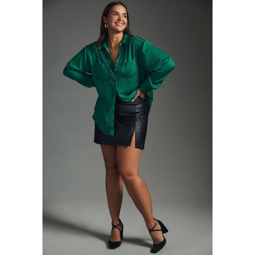 Anthropologie Relaxed Button Down Shirt Emerald Green 1X - Picture 3 of 10