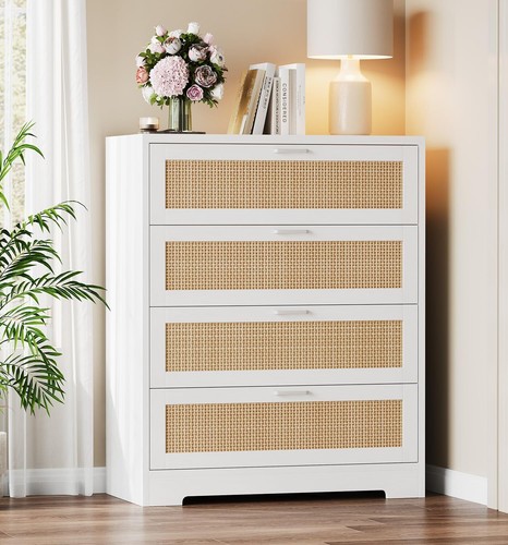4 Drawer Dresser Modern Wood Rattan Tall Dresser Organizer with Power Outlets - Picture 3 of 14