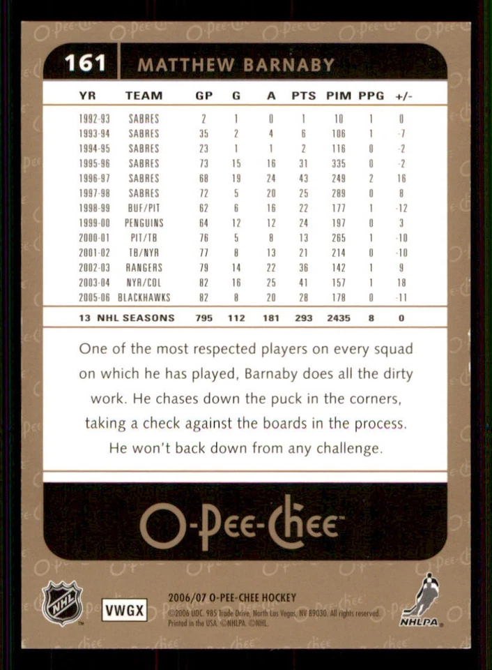 2006-07 O-Pee-Chee Rainbow #161 Matthew Barnaby /100 - Image 2 of 2