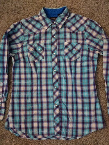 Roper Western Shirt Women's L Blue Purple Pearl Snap Long Sleeve Cowgirl Rodeo - Picture 15 of 21