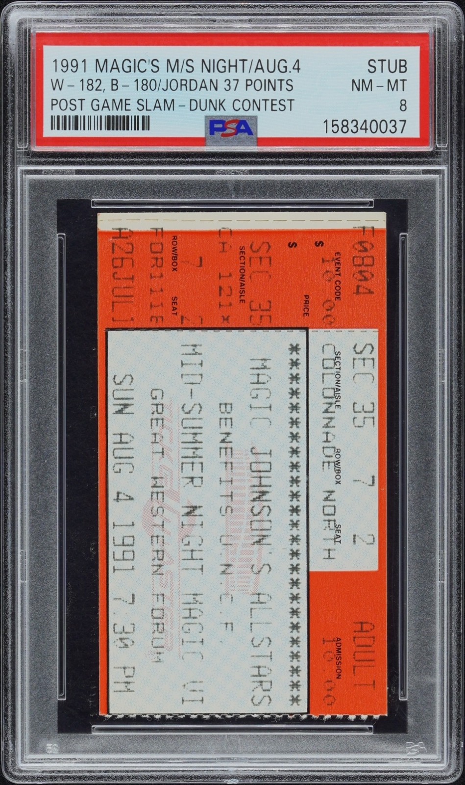 PSA 8 - MICHAEL JORDAN 1991 NBA MID SUMMER NIGHT MAGIC TICKET STUB ALL STAR GAME