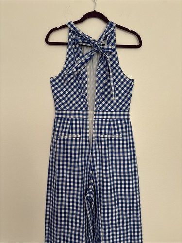 J Crew Women's Gingharn Jumpsuit Halter Neckline Size 6 Color Blue/White Square - Picture 15 of 15