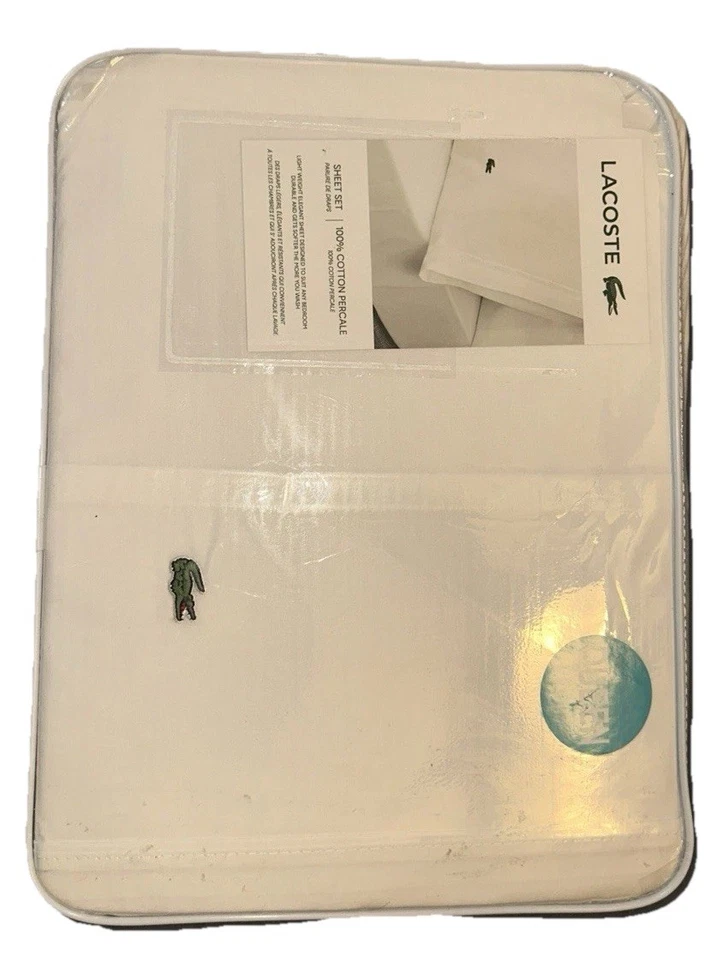 Conjunto de lençóis queen size Lacoste percal sólido 100% algodão logotipo crocodilo branco novo - Imagem 3 de 4