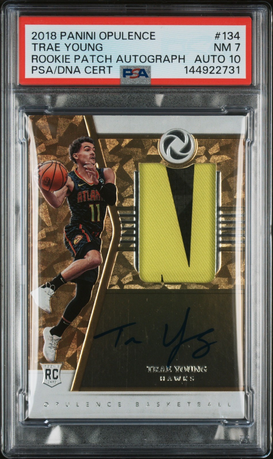 2018 PANINI OPULENCE TRAE YOUNG ROOKIE PATCH AUTOGRAPH RPA /79 PSA 7 AUTO 10 view 2