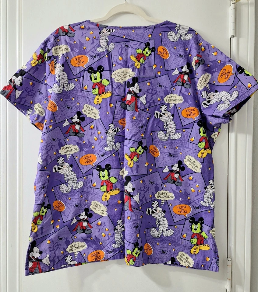 Disney Women Halloween Mickey Mouse V-Neck Scrub Top Size XL Pockets Purple S/S  - Image 4 of 4