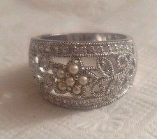 Vintage Sterling Silver Floral Design Pearl And Cz's Ring Signed Sz 8