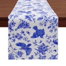Blue Birds Table Runner, 72 Inch Farmhouse Spring Navy Sketch Flowers Floral ...