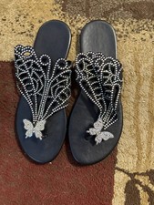Rhinestone Butterfly Slip On Flat Thong Sandals Black Silver Women Summer