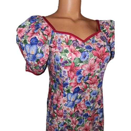 Vtg 80s Cotton Dress Hana Hou Floral Hi Low Maxi Gown Ruffed Sweep Puff Sleeve 