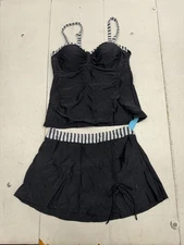 Yonique Solid Black 2 Piece Tankini Skirt Swim Suit Set Womens Size Large