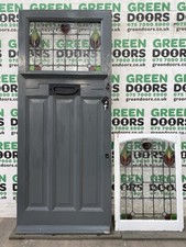 1930s LEADED FRONT DOOR STAINED GLASS WITH SIDELIGHT EXTERNAL EXTERIOR ANTIQUE