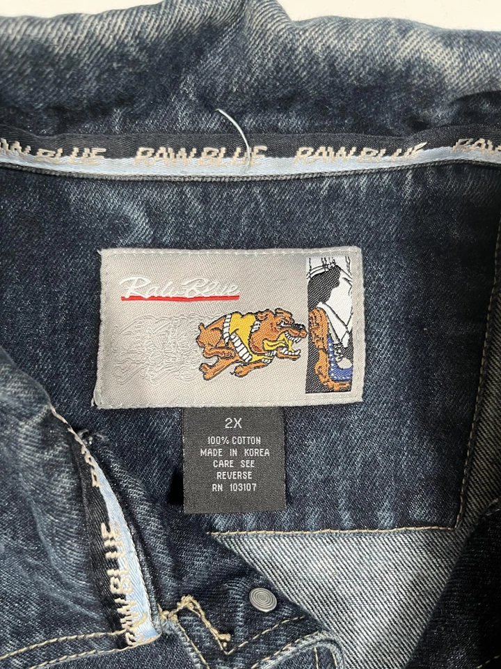 Chaqueta Azul Crudo Para Hombres 2XL Denim Bordado Bulldog Gráfico Dis my Cuna Aplique Foto 3 de 4