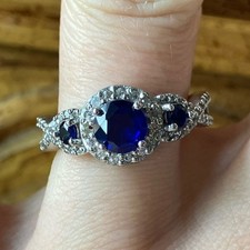 Genuine Cobalt Blue Spinel Sterling Silver Trilogy Ring Size 7.75