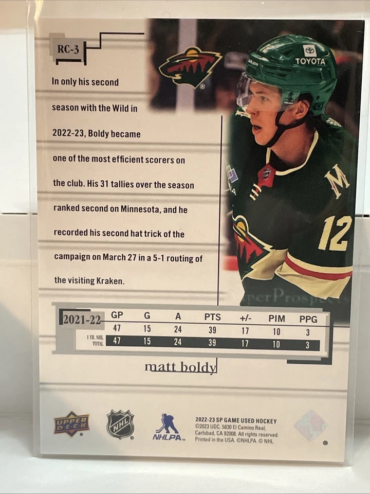 2022-23 UD SP Game Used - 2001 Retro Rookies Crossover Matt Boldy #RC-3 /999  - Image 3 of 3