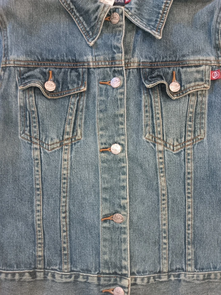 Jaqueta caminhoneiro jeans vintage Roxy feminina tamanho grande anos 90 Y2k azul 100% algodão - Imagem 3 de 4