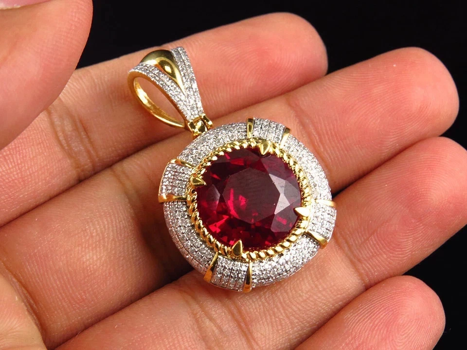 4Ct Round Cut Lab Created Ruby Men's Halo Pendant 14k Yellow Gold Finish - Image 4 of 4