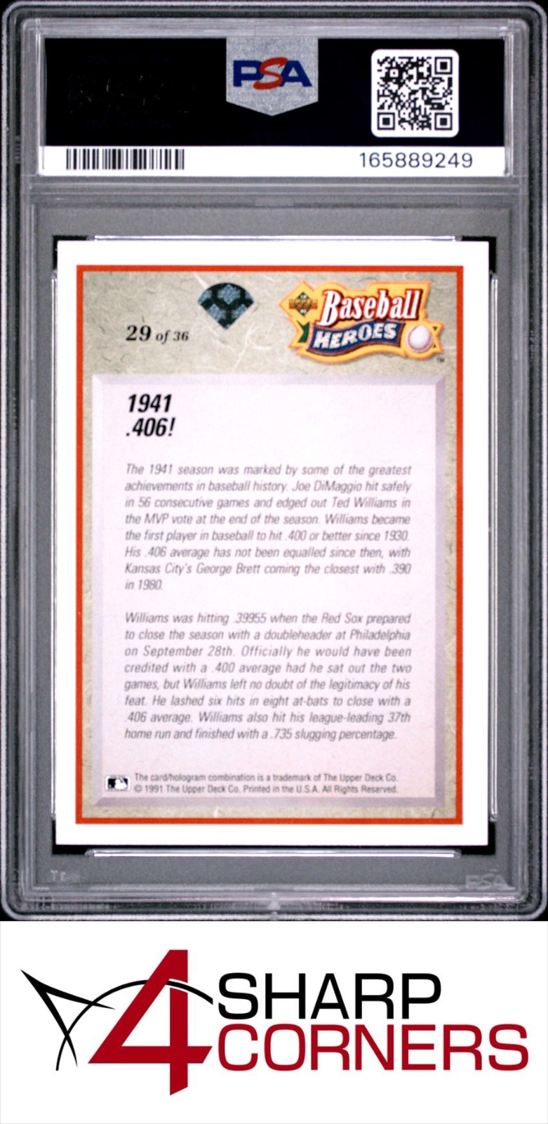 1992 UPPER DECK HEROES TED WILLIAMS #29 1941-.406! HOF PSA 10 view 2