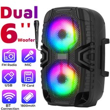 Portable Bluetooth Speaker Dual 6'' Subwoofer Heavy Bass Sound Party System Mic