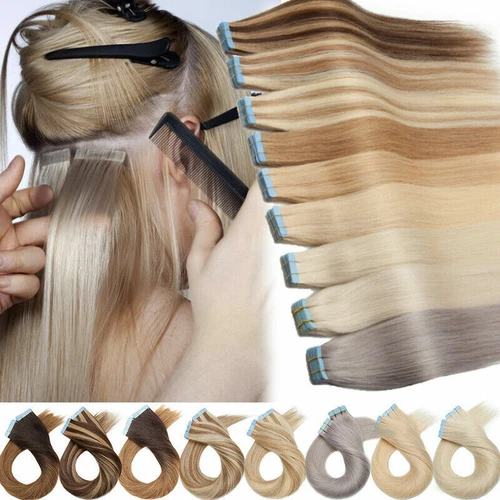 Tape In 100% Human Hair Extentions Invisible Skin Weft 40PCS Full Head