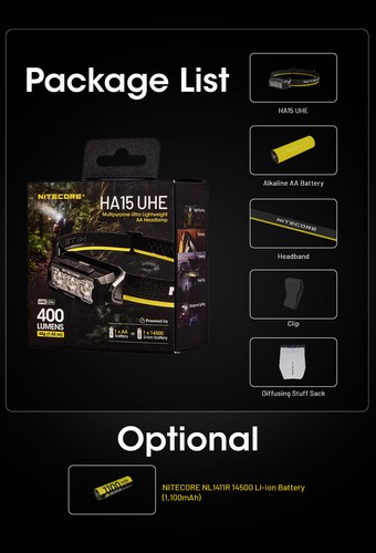 Nitecore HA15 UHE Ultra Lightweight 400 lumen AA headlamp Head Torches - Picture 20 of 23