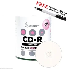 100 Smartbuy 52X CD-R 700MB White Top Blank Media Disc + Black Permanent Marker