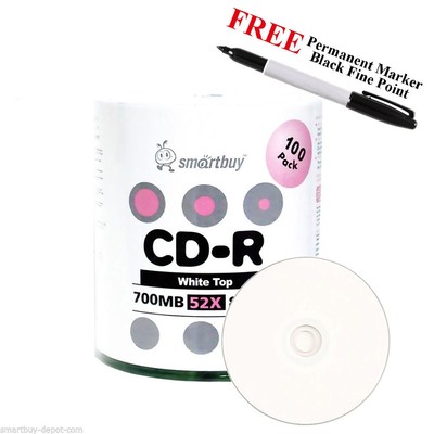 100 Smartbuy 52X CD-R 700MB White Top Blank Media Disc + Black Permanent Marker