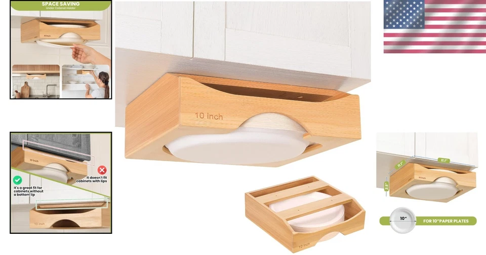 Dispensador de platos de papel de 10 pulgadas, soporte para platos de bambú debajo del gabinete, marrón Foto 2 de 4